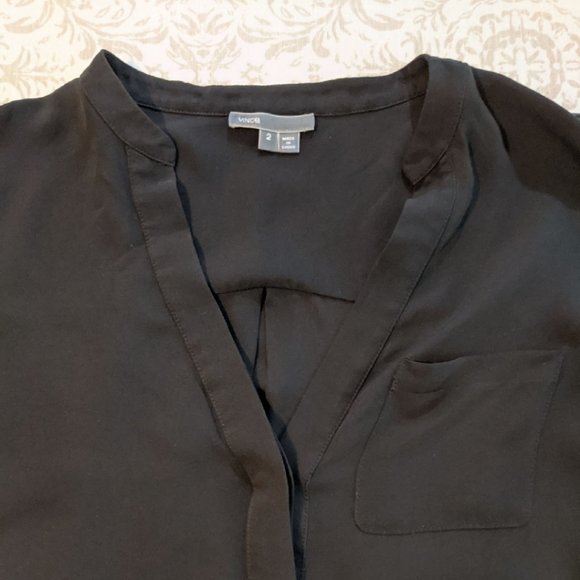 VINCE Black Rib Trim Half Placket Silk Popover Blouse Size 2 - Picture 7 of 13